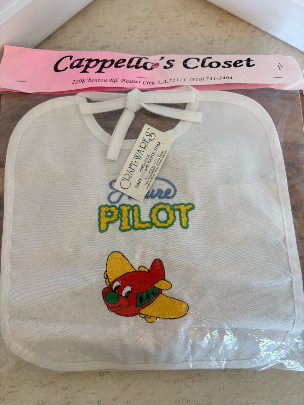 Cray-Ward's 'Future Pilot' White Baby Bib with Airplane Embroidery